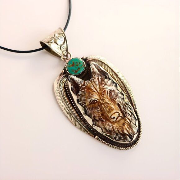 Silver Wolf Pendant Necklace with Turquoise and Amber - Picture 3 of 7